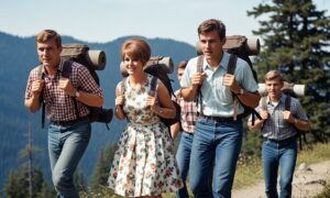 Young people hiking in the 1960s wearing bulky haversacks by luvponies.com