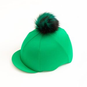 Vibrant lime green riding hat silk cover. Suitable for skull and peaked hats. Topped with a very fluffy pom pom and can be personalised.
