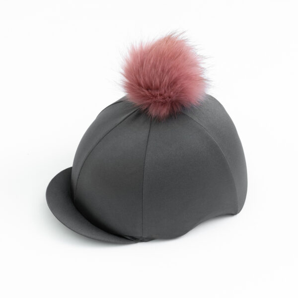 This elegant grey riding hat silk cover is a Luvponies best seller with the choice of colour for the fluffy pom. This hat cover can be personalised.