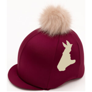Horse Head Silhouette Riding Hat Cover: A very subtle design of a rider silhouette against a horse. Printed onto a deep maroon hat cover with a cream pom