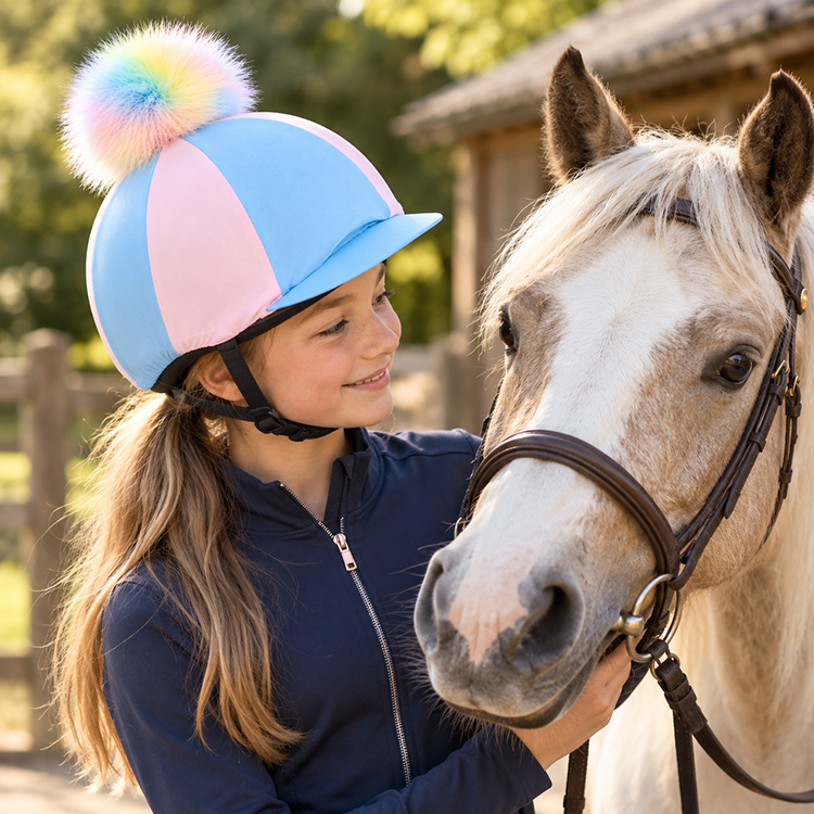 Light Pink/Light Blue Marshmallow Pom Horse Riding Hat Cover - Image 2