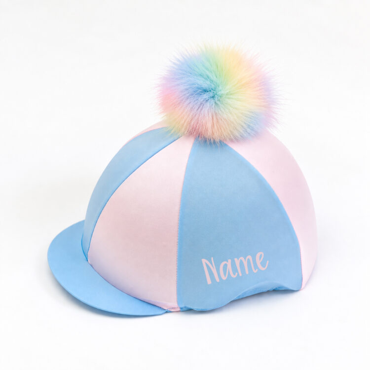 Light Pink/Light Blue Marshmallow Pom Horse Riding Hat Cover - Image 3
