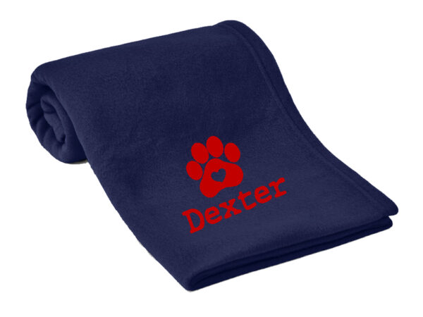 Navy dog blanket with red writing