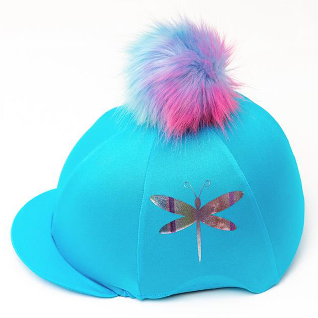 Dragonfly Shimmer Riding Hat Cover: A beautiful turquoise riding hat silk with a dragonfly in a rainbow shimmer print with matching rainbow fluffy pom