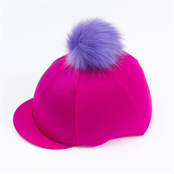 Cerise Riding Hat Cover: Our stretchy lycra hats will fit any riding hat cap. Each is topped off with a big and fluffy lilac pom pom.