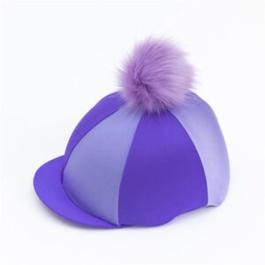Lilac and Purple Riding Hat Cover: A panelled riding hat silk that will fit either a skull riding hat or one with a peak. Topped with a very fluffy pom.