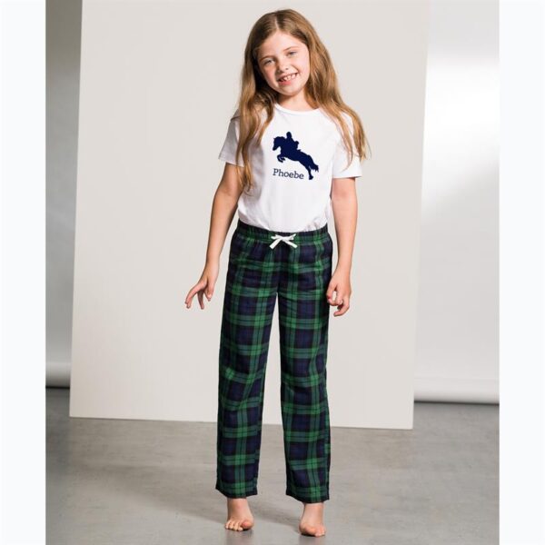The showjumper gingham pyjama set is perfect for Pony Camp and pony sleep-overs. These fab cotton long pjs with a matching t-shirt top can be personalised