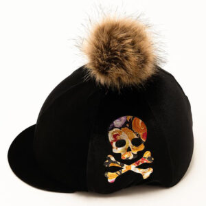 Skull and Crossbones Riding Hat Cover: Luxury black velvet riding hat cover with a beautiful floral metallic design topped by a fluffy pom.