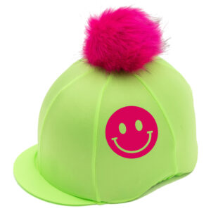 Stand out from the crowd with the smiley face riding hat cover on your head. Vibrant lime green and a bright pink design with matching pom will raise smiles
