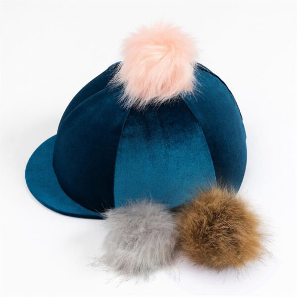 Velour Teal Riding Hat Cover: Luxury velvety velour riding hat cover with three pom poms that you can swap according to what you fancy that day