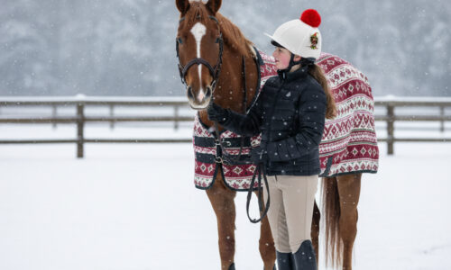 Young female pony rider wearing a Christmas Fairy riding hat cover as stands alongside her pony