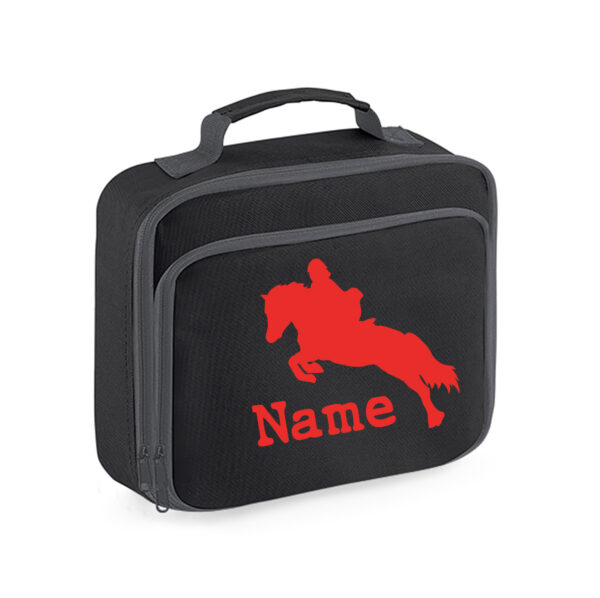Personalised horse design lunch bag in black and red