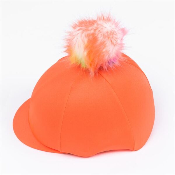 Flo Orange Riding Hat Cover: Stand out from the crowd wearing our fabulous flowers orange riding hat silk topped with multi coloured rainbow pom pom