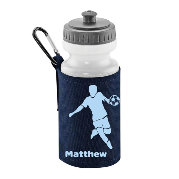 The football water bottle with carrier is perfect for camps and school. It's personalised so you'll always know which is yours