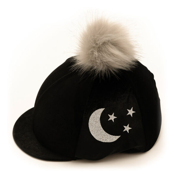 Beautiful black velvet riding hat cover decorated with silver glitter moon and stars. You can also personalise it to make it extra special