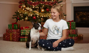 Christmas presents for pony mad children. A young girl in horsey-themed Christmas PJs sitting beside her Boston Terrier dog and Christmas tree