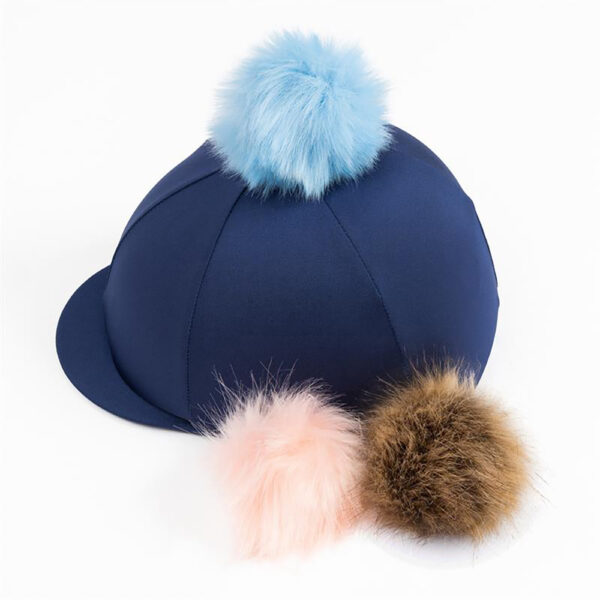 Navy Riding Hat Cover: Fab stretchy lycra navy blue riding hat cover with three very fluffy poms to swap on and off as you like! Can also be personalised.