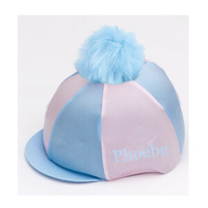 Light Blue & Pink Riding Hat Cover: Very pretty baby pink/baby blue riding hat silk cover with a large fluffy pom on top. Can be personalised too